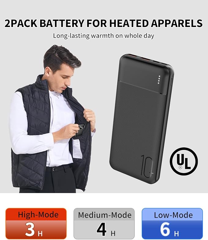 10000mAh Heated Vest Battery Pack USB 5V, Heating Vest Portable Charger with USB/Type C Output Ports, Power Bank for Heated Jacket,Battery Pack for Heated Vest/Jacket/Hoodie/Coat