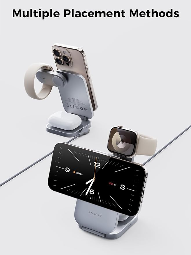 MagFusion Z 3-in-1 Charging Station Compatible with MagSafe, 15W Wireless Charger Foldable Qi2 Certified, Magnetic Charger for iPhone 17/16/15/14/13/12, AirPods 4/3/2/Pro, Apple Watch, Silver