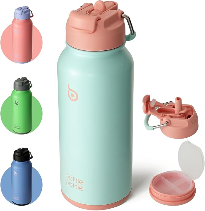 BOTTLE BOTTLE 32oz Insulated Water Bottle Stainless Steel Sport Water Bottle with Straw Dual-use Lid Design for Gym with Pill Box