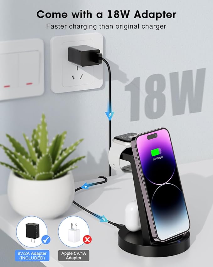 3 in 1 Charging Station for Apple Device, Wireless Charger for iPhone 16e 16 15 14 13 12 11 Pro Max & Apple Watch iwatch- Charging Stand Dock for AirPods
