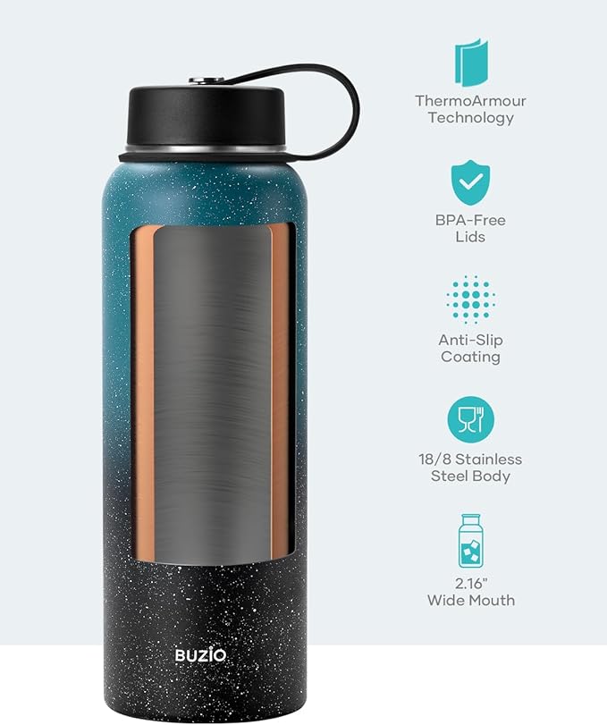 BUZIO 40oz Insulated Water Bottle with Straw, Stainless Steel Double Wall Sports Wide Mouth Water Bottle, BPA-Free Flex Cap and Straw Lid, Keep Cold for 48 Hrs, Hot for 24 Hrs, Starry Indigo