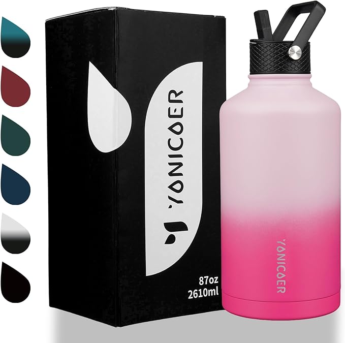 Insulated Water Bottle 87oz,Triple Wall Vacuum Stainless Steel(Dishwasher Safe),Leak Proof & Non-BPA,Flask Jug with Paracord Handle & Straw Spout Lids Sports Sakura