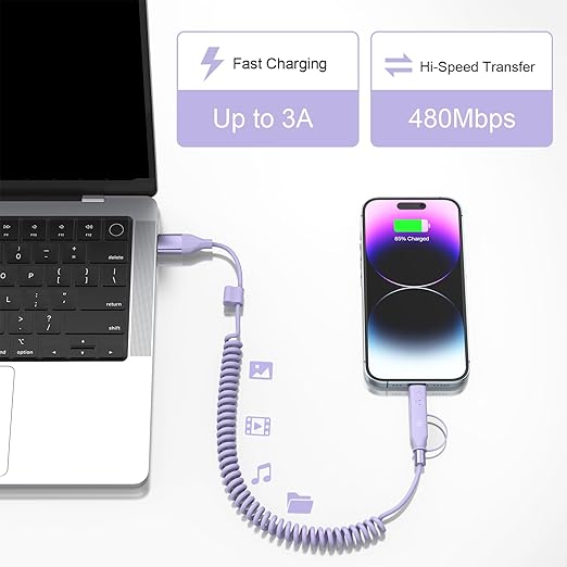 Coiled 4-in-1 USBA/Type C to USB-C/Lightning Cable Multi Combo for Apple Carplay& Android Auto,Purple 3A 60W Fast Charge & Data Sync Car Charger Cord for iPhone 15/14/13/12，Samsung Galaxy,Android-MFi