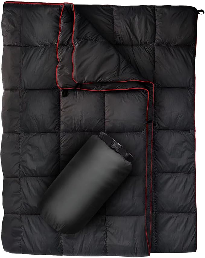 Outdoor Puffy Camping Blanket, Lightweight Down Alternative Puffy Printed Camping Large Ultra Warm Hammock Top Quilt Waterproof Blanket for Traveling Picnic Beach Party Cold Weather (Black)