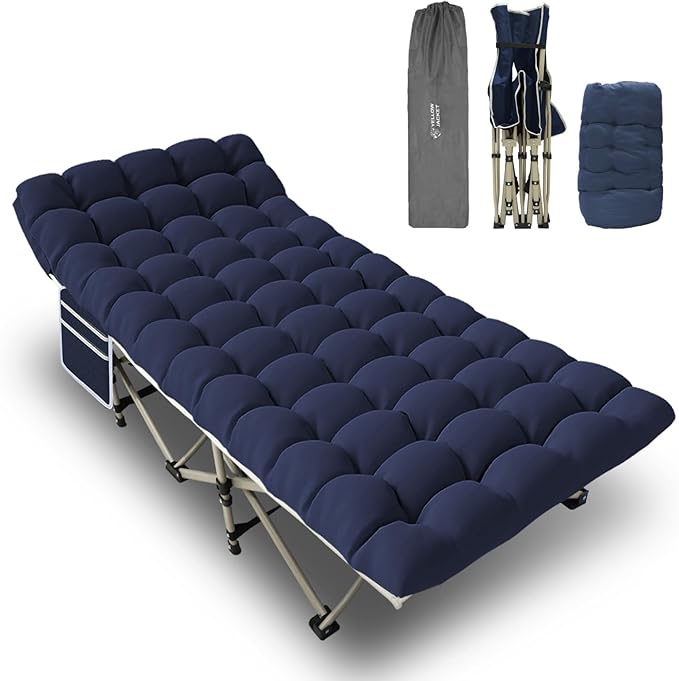 YELLOW JACKET Folding Camping Cot for Adults,600LBS Max Load,28" Wide Sleeping Cot with Removable Thick Mattress Portable Foldable Camping Bed with Carry Bag for Camp,Home,Office,Travel,Blue