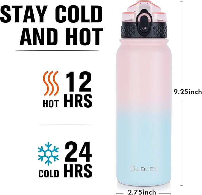 Oldley Insulated Water Bottle 20oz Water Bottles with Straw, Stainless Steel Water Bottle with 3 Lids, Double Wall Vacuum Bottles for Adult Kids, Sports Bottles for School Travel, Light Pink-Blue