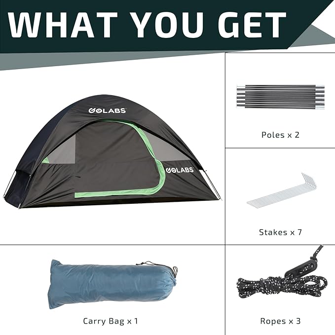 Golabs CT1 2 Person Camping Tent, Easy Set Up in 3 Mins, PU1500mm Waterproof w/Mesh Top & Door with Ventilation, Lightweight 4.4lbs Portable Family Tent with Carry Bag &Interior Storage Pockets &Hook