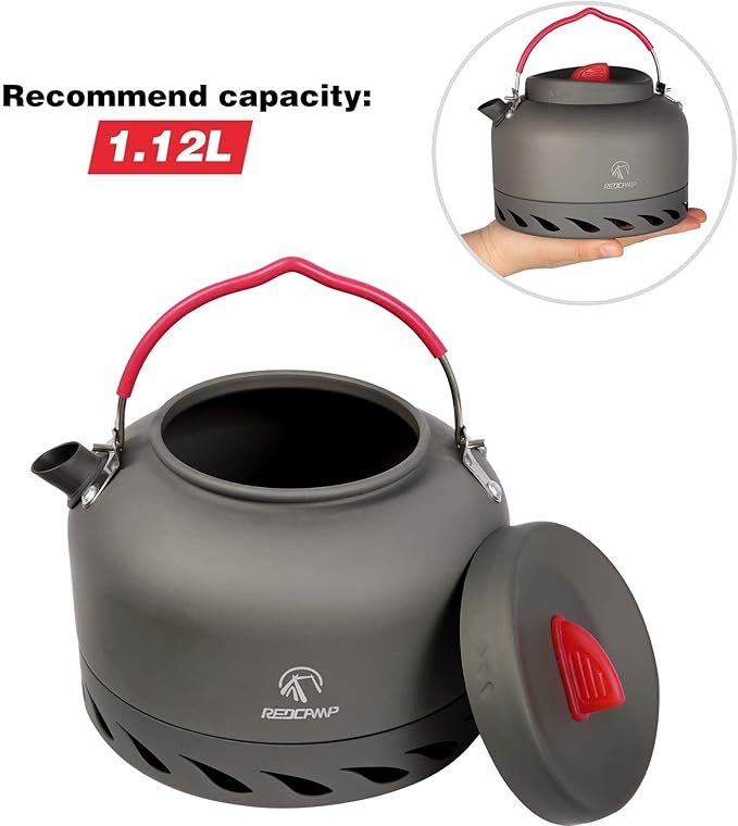 REDCAMP Outdoor Camping Kettle with Heat Exchanger, Compact Lightweight Coffee Pot,Aluminum Camp Tea Kettle with Carrying Bag 1.4L