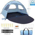 WhiteFang Beach Tent Anti-UV Portable Sun Shade Shelter for 3/4/6/8 Person, Extendable Floor with 3 Ventilating Mesh Windows Plus Carrying Bag, Stakes and Guy Lines