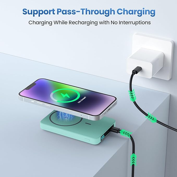 Magnetic Portable Charger Power Bank 5500mAh,Slim Wireless Portable Charger with LCD Display,PD Fast Charging USB-C Battery Pack Compatible with Magsafe,iPhone 16/16 Plus/15/14/13/12 (Green, 5500mAh)