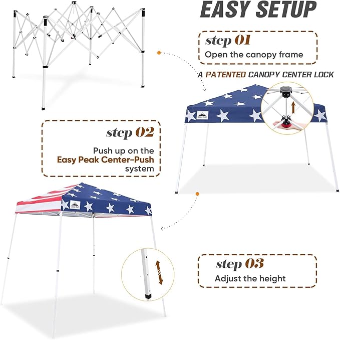 EAGLE PEAK 8x8 Slant Leg Pop-up Canopy Tent Easy One Person Setup Instant Outdoor Beach Canopy Folding Portable Sports Shelter 8x8 Base 6x6 Top (American Flag)