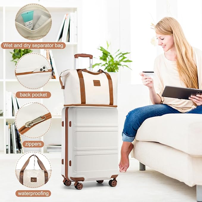 Kono Luggage Set 4 Piece Carry On Hardside Luggage with TSA Lock Spinner Wheels Carry On Suitcase Apricot Black