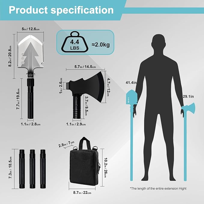 GOJAWAY 16 in 1 Multitool Survival kit, Camping Shovel Military Axe, 40" Foldable Spade with Portable Bag and Hatchet, for Car Emergency Offroad Entrenching Tool