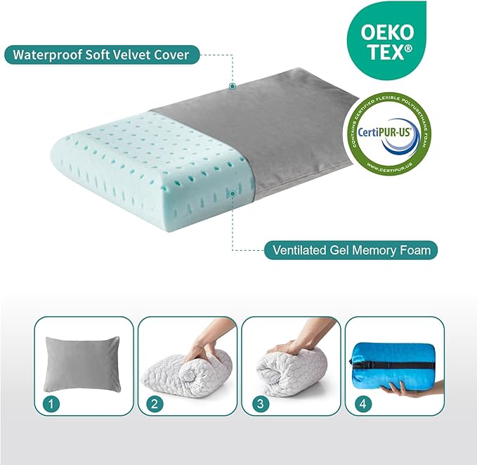 Small Gel Memory Foam Camping Pillow Travel - Contoured Support -Compressible Pillow Ideal for Backpacking, Camping, Travel, Car, Airplane,Office Nap