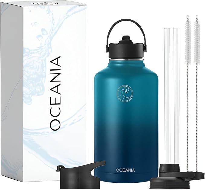 Oceania Flask 64oz Stainless Steel Water Bottles | Modern, Leakproof, Hydro BPA-Free, Insulated Water Bottle with 3 Lids, 3 Straws & 2 Straw Cleaning Brushes | Simple Camping & Hiking Water Bottle