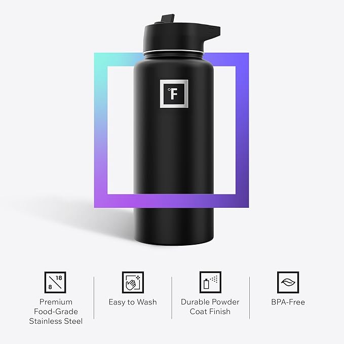 IRON °FLASK Camping & Hiking Hydration Flask with 3 Lids - Stainless Steel, Double Walled & Vacuum Insulated Water Bottle - Leak Proof & BPA Free (Dark Rainbow, Straw - 22 oz)