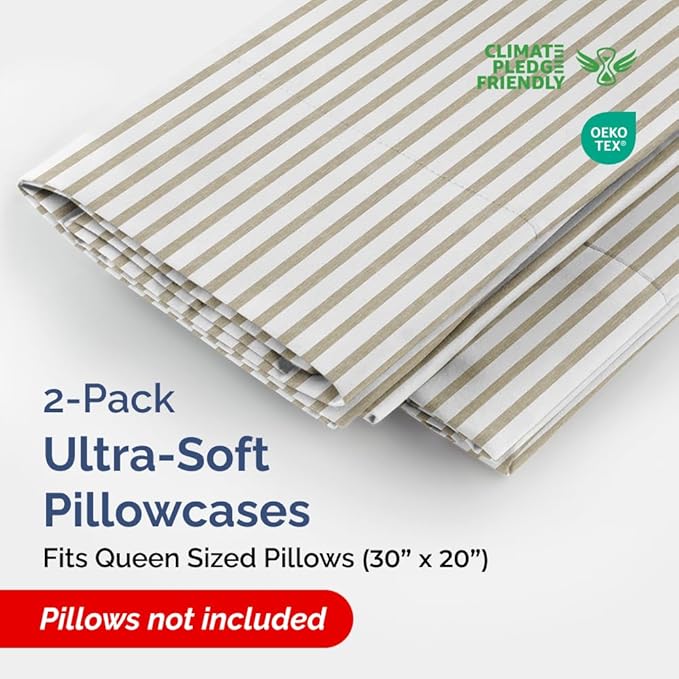 Queen Pillow Cases Set of 2 - Ultra Soft Hotel Quality Pillowcase Covers - Comfy Bedding for Women, Men, Kids and Teens - Machine Washable Pillow Protectors - 2 Pieces Set - Queen Size Beige Stripes