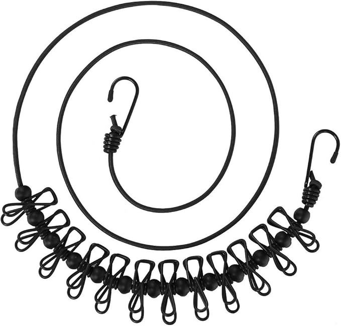 Portable Travel Clothesline, Adjustable Elastic Travel Camping Retractable Clothesline with 12pcs Clips for Outdoor and Indoor Use (Black)