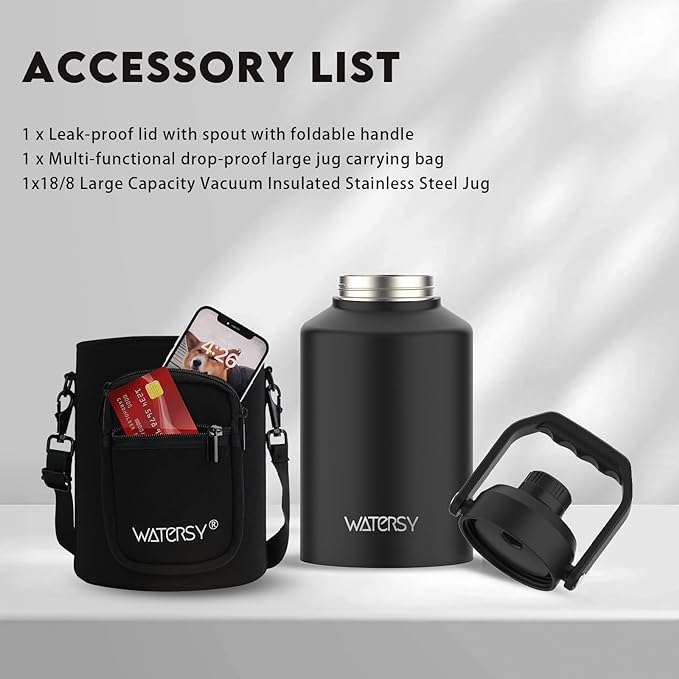 WATERSY Half Gallon Water Bottle Insulated(Cold for 48 Hrs),BPA Free&Leak Proof,64oz Stainless Steel Water Jug/Flask,Big thermo,Large Water Bottle with Handle for Gym,Hiking,Camping,Black