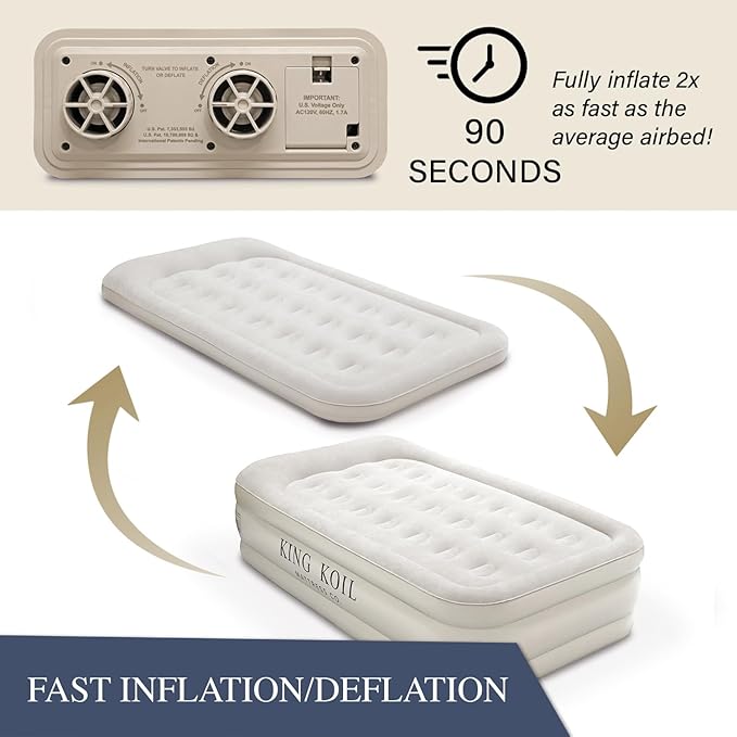King Koil Plush Pillow Top Twin Air Mattress with Built-in High-Speed Pump for Camping, Home & Guests - 20” Twin Size Airbed Luxury Inflatable Blow Up Mattress, Waterproof, 1-Year Warranty