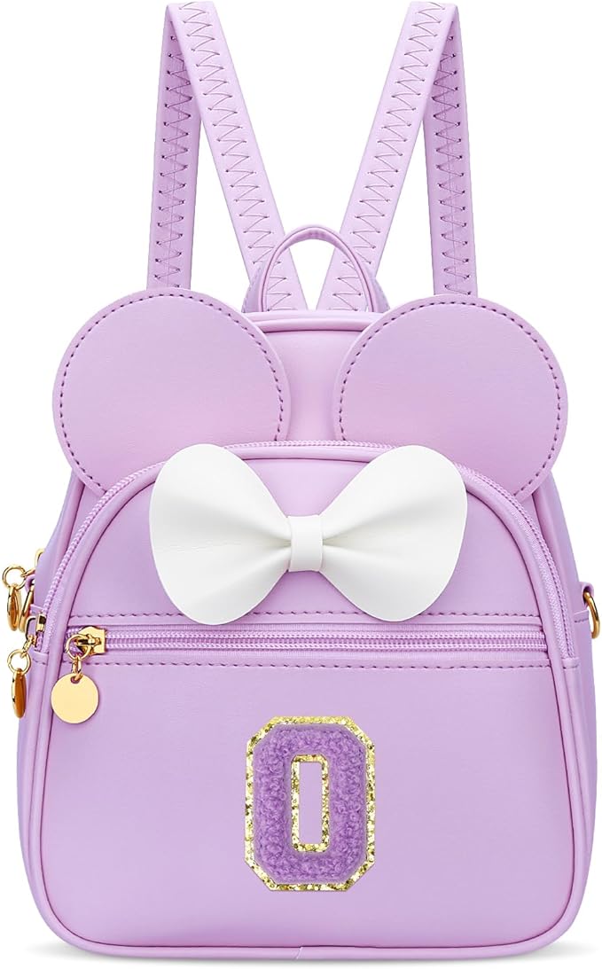 KKXIU Girls Initial Bowknot Cute Mini Backpack for Toddler, Travel Small Girl Backpacks, Personalized Birthday Gifts for Little Girls and Kids(O, Purple)