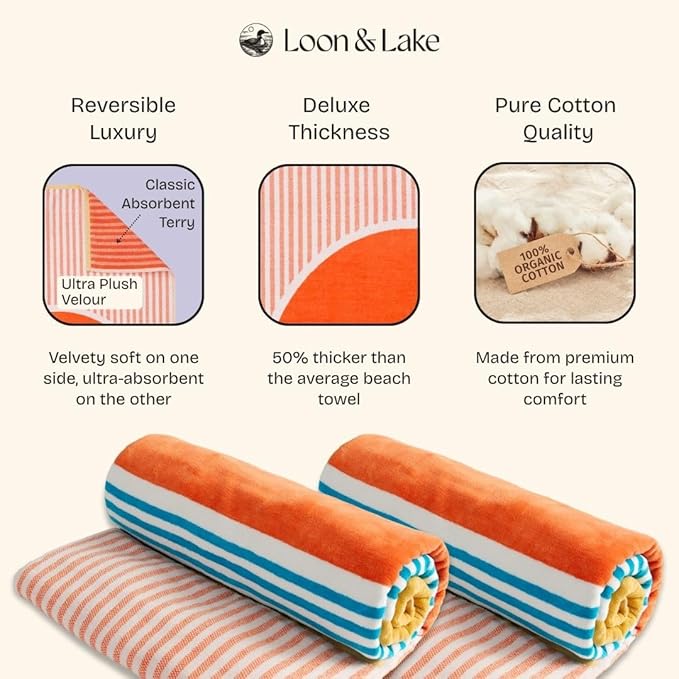 Loon & Lake Luxury Beach Towels Set of 2 - Beach Sunset | 2 Pack 30" x 60" | Crafted from 100% Combed Cotton | Ultra Plush & Super Soft | Rays Collection