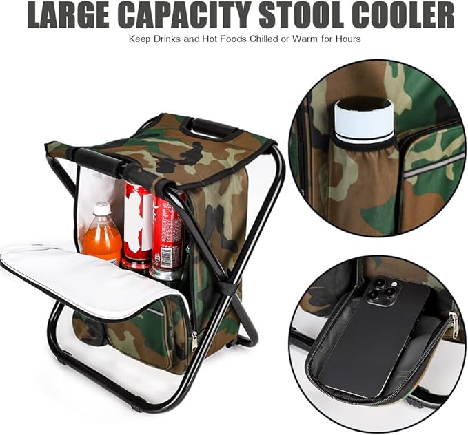 Portable Hiking Camouflage Camping Stool, Folding Camping Chair Stool Backpack with Cooler Insulated Picnic Bag