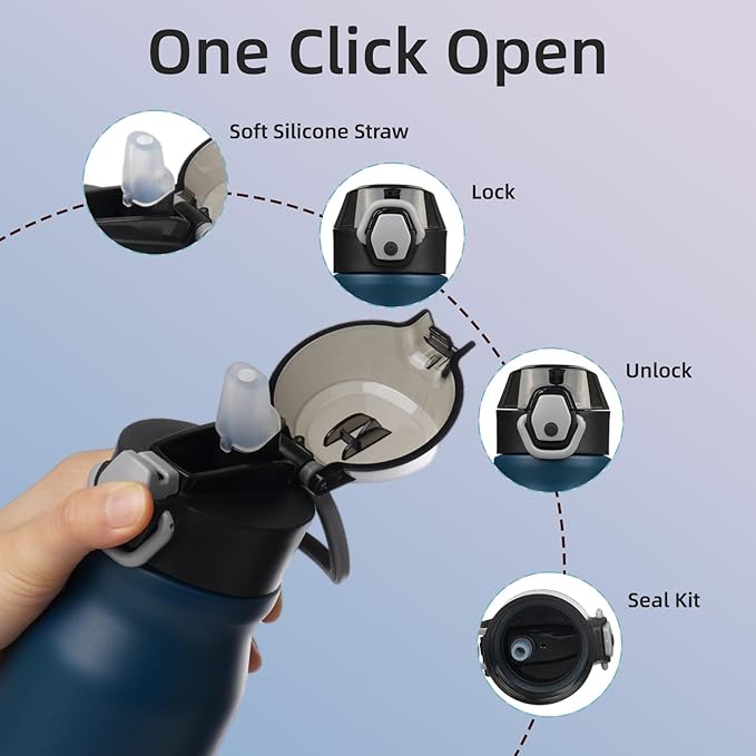 BJPKPK Water Bottle With Straw 25oz Insulated Water Bottles Reusable Stainless Steel Metal Thermo With Leak Proof Lockable Lid And Carry Handle,Navy Blue