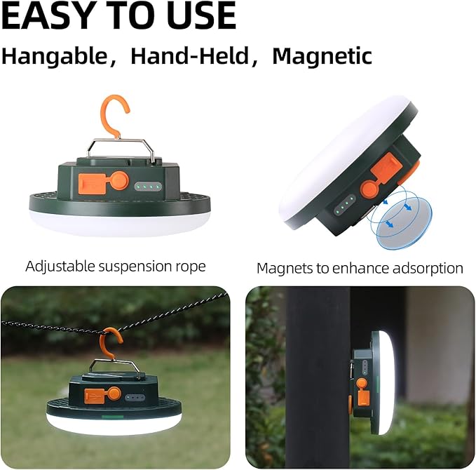 10000mAh Rechargeable Tent Light 3 Color Lighting Modes, 4000LM LED Portable Camping Lantern, IPX5 Waterproof, 30W Hanging Tent Light with Magnet, for Emergency & Gift
