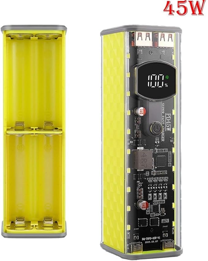 Portable Solder-Free Power Bank Case 22.5W 45W Transparent DIY Battery Box with Fast Charging for Cells Multi-Output Stable Voltage Multiple Protocols 160x57mm for DIY Enthusiasts Travel(black 45W)