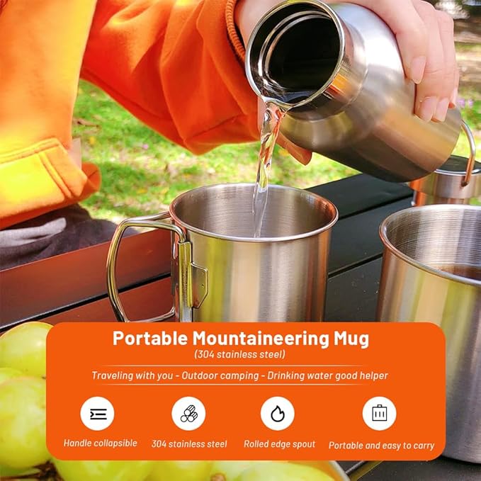 Stainless Camping Cup, 350ml Stainless Steel Camping Cup with Lid and Foldable Handle, High Temperature Direct Heating, Great for Backpacking