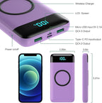 Wireless Portable Charger 30,800mAh 15W Wireless Charging 25W PD QC4.0 Fast Charging Smart LED Display USB-C Power Bank,4 Output& 2 Input External Battery Pack Compatible with iPhone, Samsung -Purple