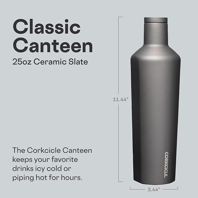 Corkcicle Classic Canteen Insulated Water Bottle - Stainless Steel Reusable Tumbler - Triple Insulated - Keeps Drinks Cold 25 Hours or Hot 12 Hours - Cupholder Friendly - Ceramic Slate - 25 oz