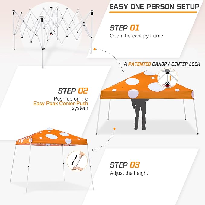 EAGLE PEAK 10x10 Slant Leg Pop-up Canopy Tent Easy One Person Setup Instant Outdoor Beach Canopy Folding Portable Sports Shelter 10x10 Base 8x8 Top (Orange Mushroom)