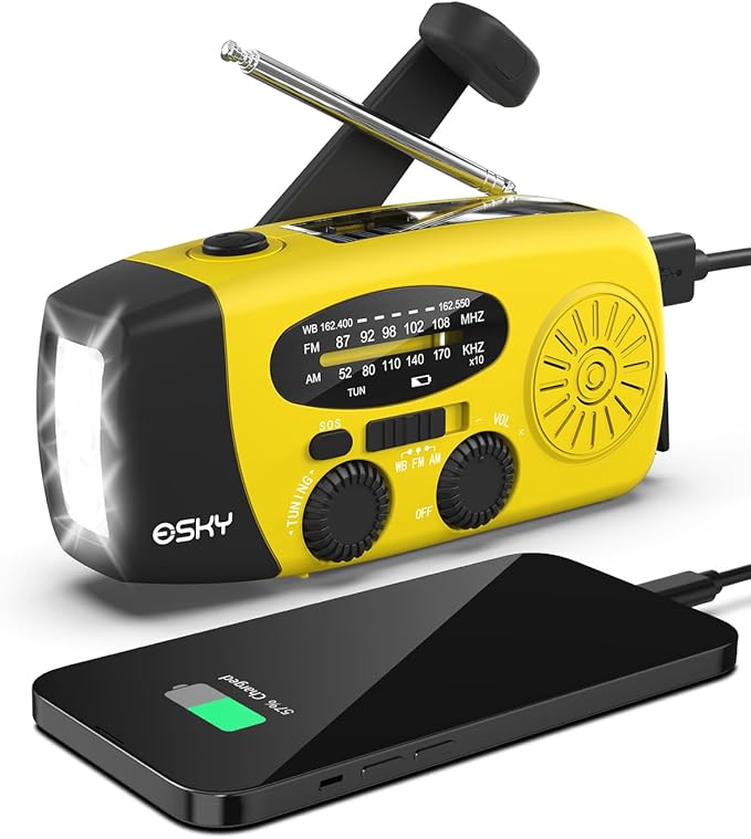 Esky Emergency Hand Crank Radio with 3 LED Flashlight, AM/FM/NOAA Portable Weather Radio with 2000mAh Power Bank Phone Charger, Solar Powered USB Charged Radio for Indoor Outdoor Camping, SOS Alarm