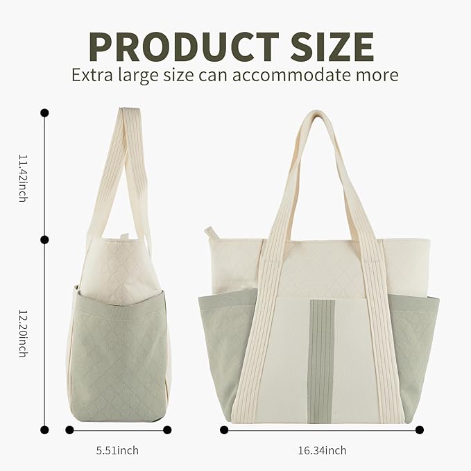 Large Canvas Tote Bag,White and Green, with Laptop Sleeve and Multiple Pockets