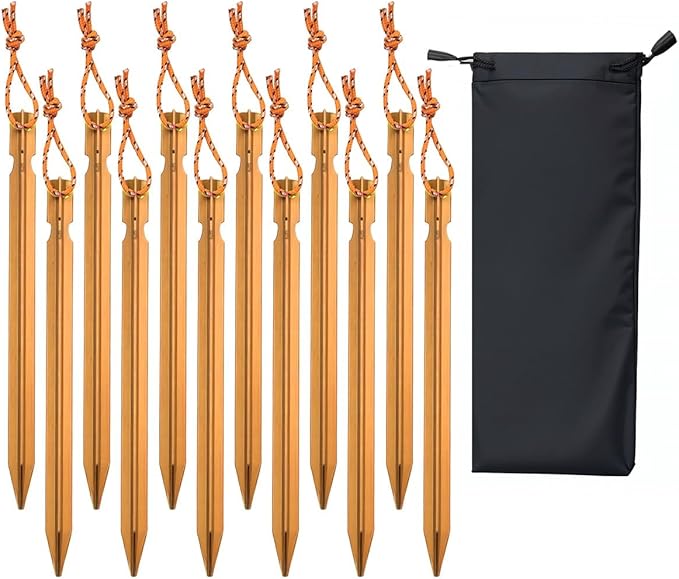 12 Pack Tent Stakes, 7-inch Ultralight Aluminum Ground Pegs with Reflective Pull Ropes, Tri-Beam Stake in a Carrying Bag, for Camping, Backpacking, Hiking, Hammocks and Canopy (Orange)