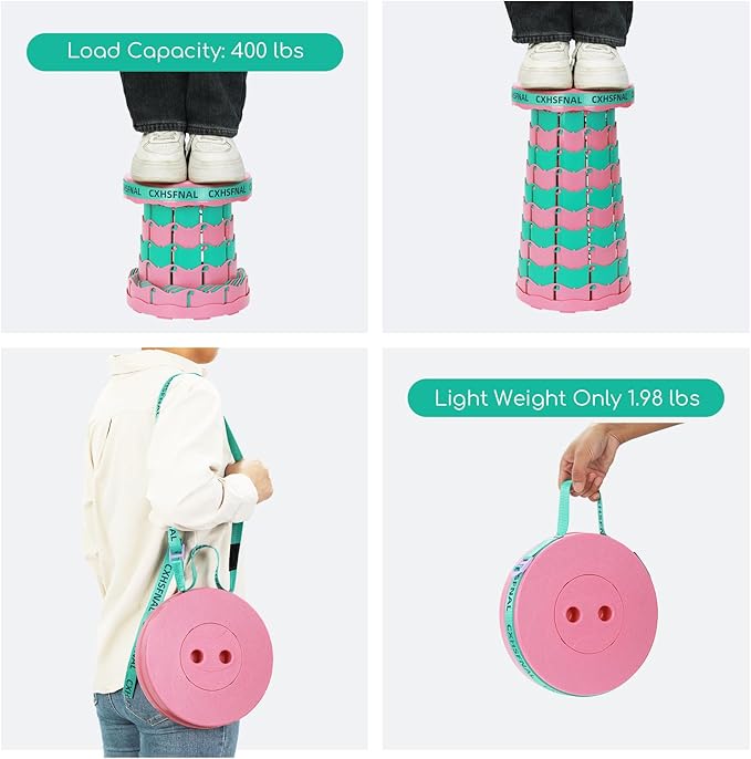 Upgraded 2 Pack Portable Collapsible Stool,Folding Camp Stool for Adults,Lightweight Sturdy 400lbs Load Capacity Retractable for Fishing Hiking Camping Gardening Hunting BBQ (Pink Green)