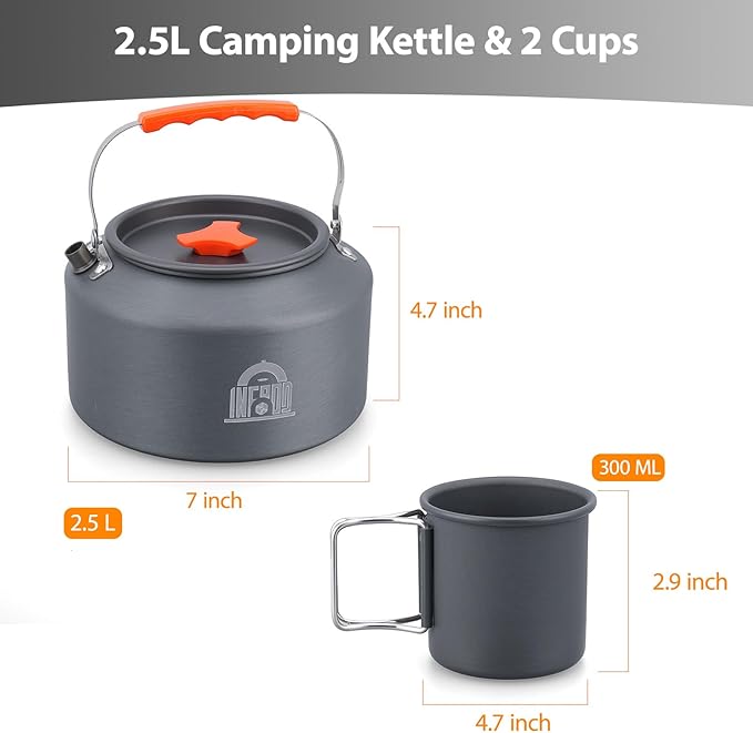 2.5L Camping Kettle Set - Camp Tea Coffee Pot with 2 Cups & Carrying Bag for Outdoor Camping Campfire Hiking Picnic & Backpacking, Gray