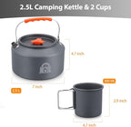 2.5L Camping Kettle Set - Camp Tea Coffee Pot with 2 Cups & Carrying Bag for Outdoor Camping Campfire Hiking Picnic & Backpacking, Gray