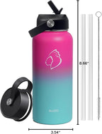 BUZIO Insulated Water Bottle with Straw Lid and Flex Cap, 32oz Double Wall Vacuum Stainless Steel Thermo with Wide Mouth Lid, Cold 48 Hrs Hot 24 Hrs Sweat Proof Flask, Rose and Green