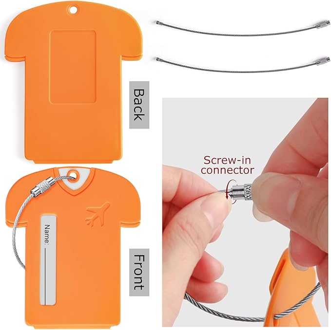 6Pack Personalized Jersey Shaped Plastic Luggage Tags - Lightweight and Secure Privacy Protection for Your Personal Information (Orange)