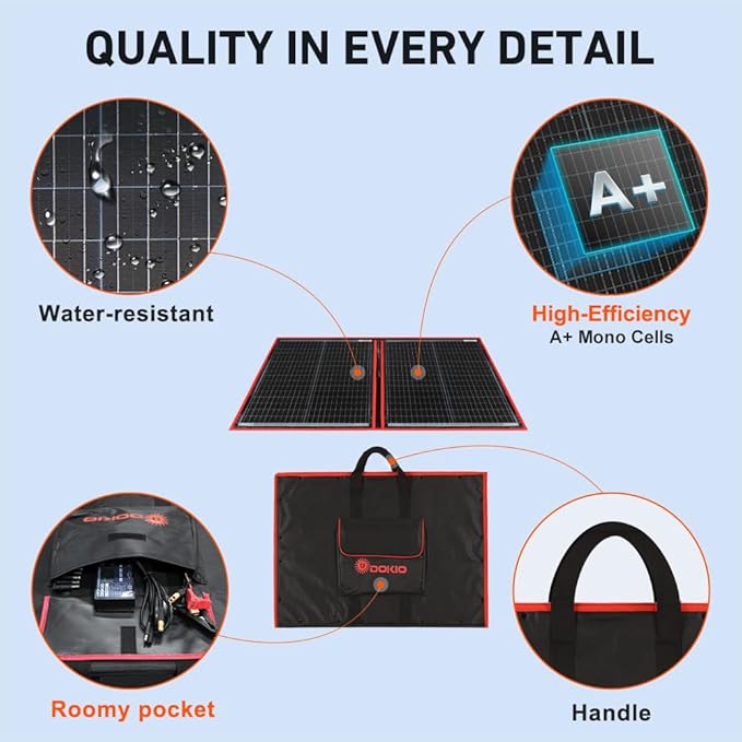 DOKIO 100W Portable Foldable Solar Panel Kit (19x26in, 5.3lb), with Separate Controller and Dual USB, Monocrystalline Charger for 12V Batteries & Power Stations, RV Camping Trailer Emergency Backup