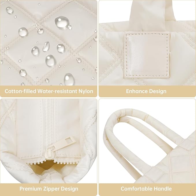 Puffer Tote Bag for Women, Quilted Bag with Zipper, Small Tote HandBags for Work, Travel