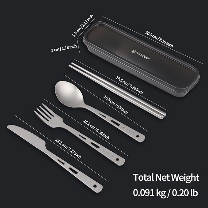 Pure Titanium Utility Cutlery Set, Portable tableware titanium utensil set with case, Pure Titanium Table Spoon Fork Chopsticks Knife set for Outdoor Travel Camping Backpacking (Total 5 PCS)