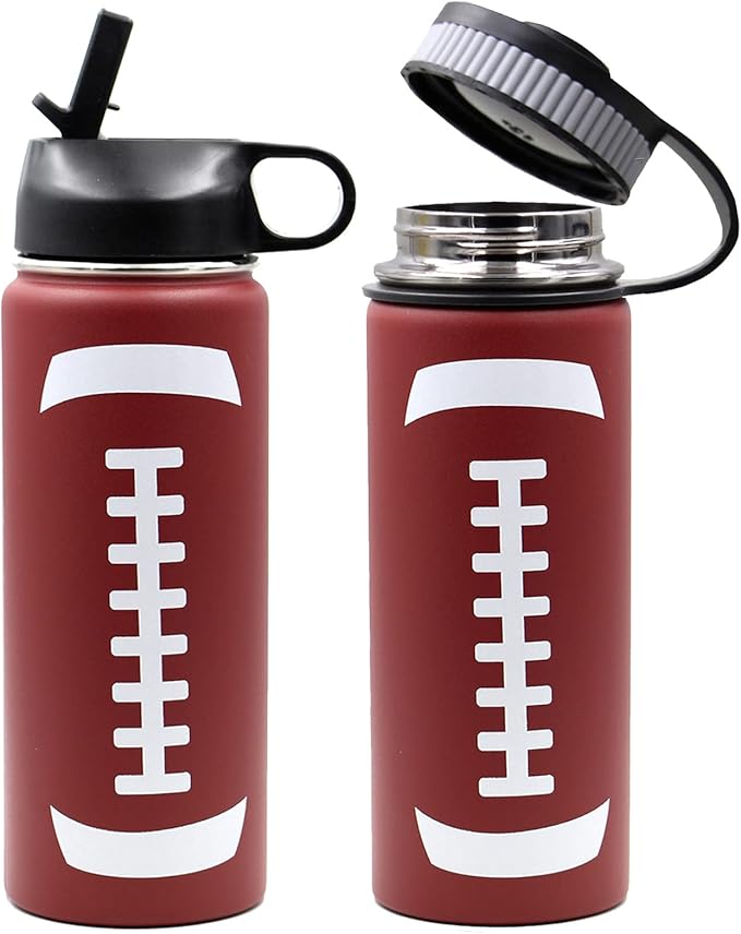 18 oz Football Water Bottle, Sports Cup Flask Metal Travel Mug with 2 Lids, Stainless Steel Double Wall Vacuum Insulated Leak Proof Water Bottles, Football Accessories Stuff Gifts for Boys Girls Fans