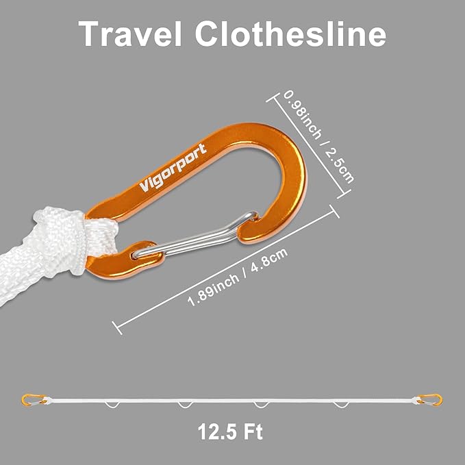 Vigorport Portable Travel Clothesline, Windproof Clothesline with Hang Hole, Indoor and Outdoor Clothes Line for Camping, Hotel, Backyard, Cruise Ship (White, 12.5 Ft)