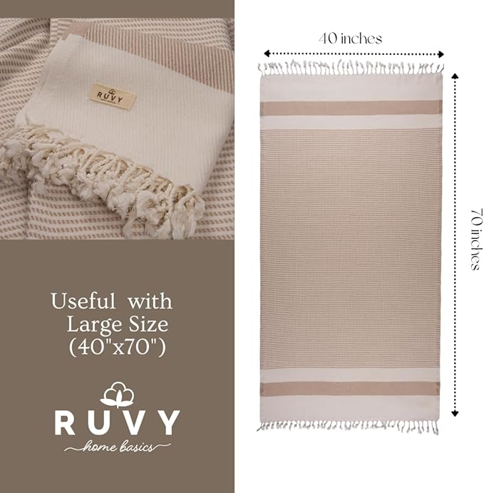Ruvy Home Basics 2 Pack Turkish Beach Towels – Oversized Quick-Dry Bath Towels (40 x 72 Inches) – 100% Cotton Large Towels for Pool, Yoga, Travel, Camping Essentials, and Bathroom Decor - Beige