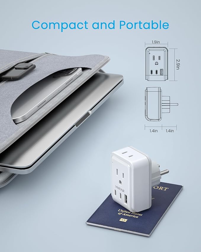 Type E F Plug Adapter, VINTAR Schuko Germany France Power Adapter with 2 Outlets 3 USB Ports(2 USB C), 5 in 1 Type F Travel Adapter for US to EU Spain Iceland Korea Greece Russia German French