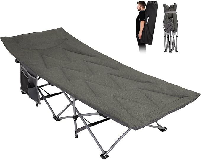 FUNDANGO Camping Cot for Adults, Padded Camp Cots for Sleeping Portable Camping Bed for Outdoor Travel Folding Cot Heavy Duty with Carry Bag, Gray